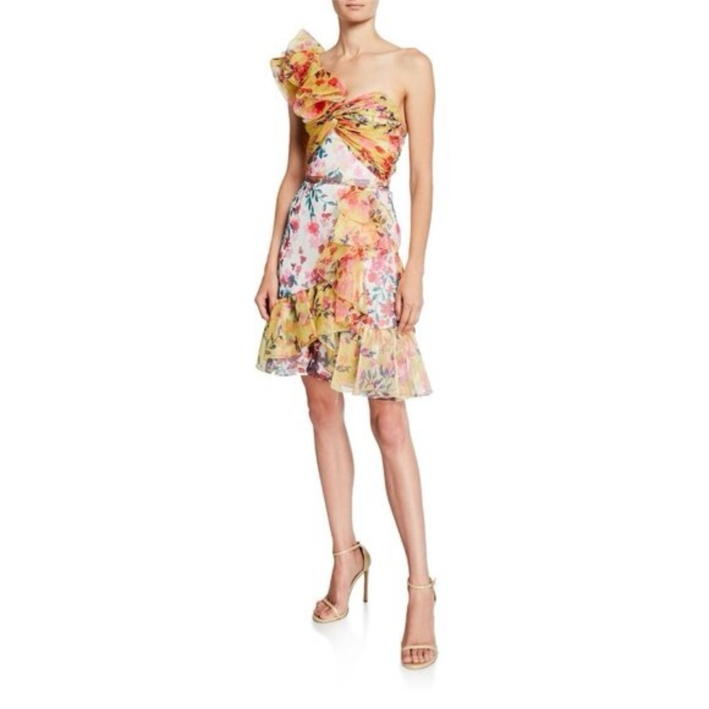 Marchesa Notte Floral Print Organza Mini Dress Ruffle One Shoulder 16   New $695